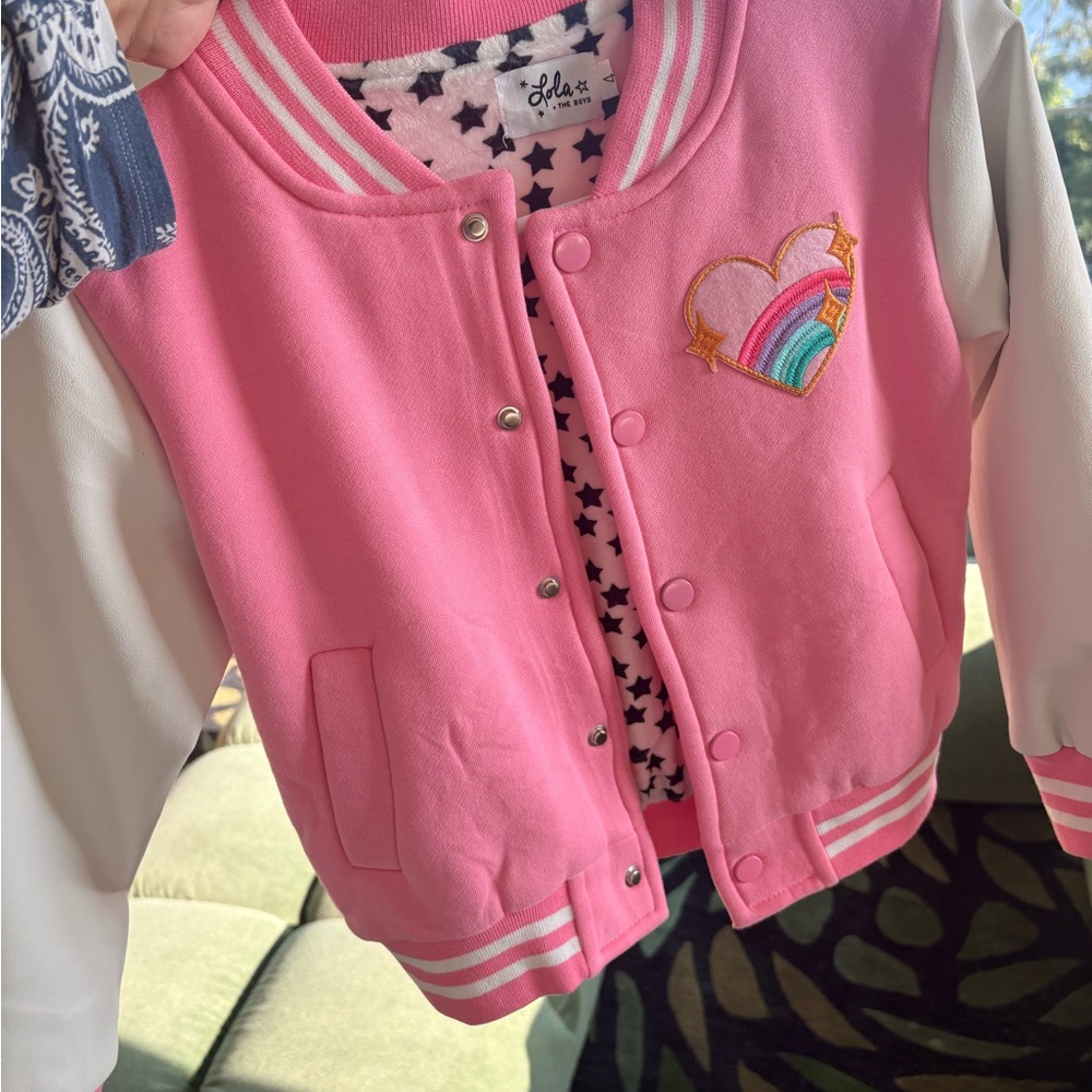 BNWOT LOLA AND THE BOYS Pink and White Varsity Jacket SIZE 4